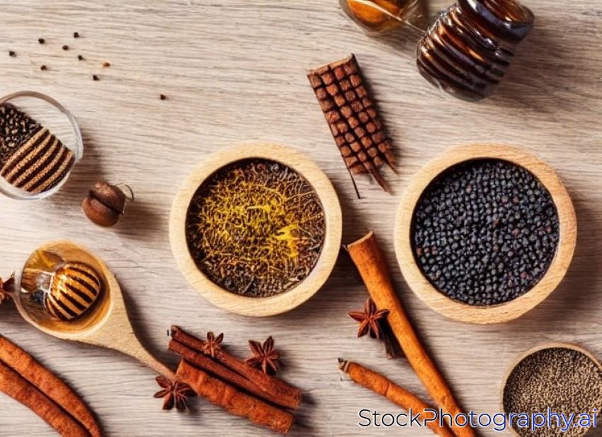 glass honey pots and spices on wooden table