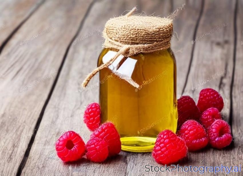 glass jar of honey closed jute cloth and raspberries on wooden background