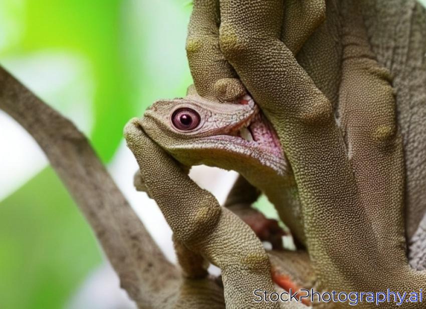 A female mossy leaf-tailed gecko is licking her lips while sitting on a vine.