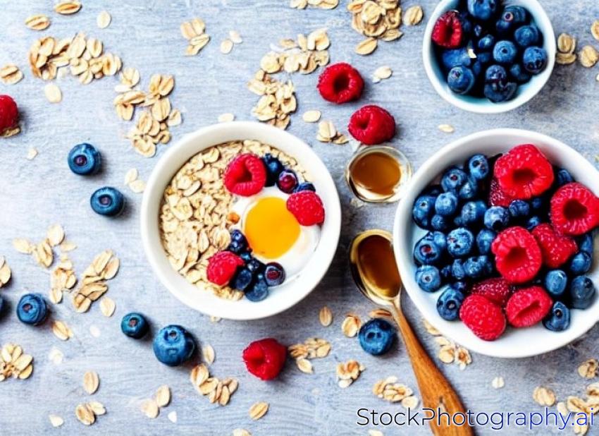 healthy breakfast. oatmeal, blueberries, raspberries, honey and nuts on white wooden table. Top view with copy space