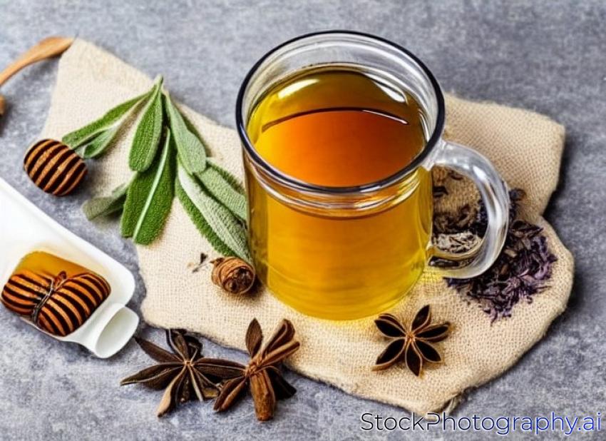 Sweet herbal Tea or infusion with honey and sage for cold winter days, helps to prevent to prevent sore throat.