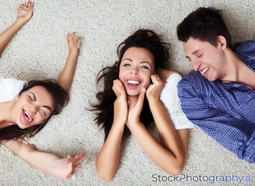 nice and happy couple lying on the floor