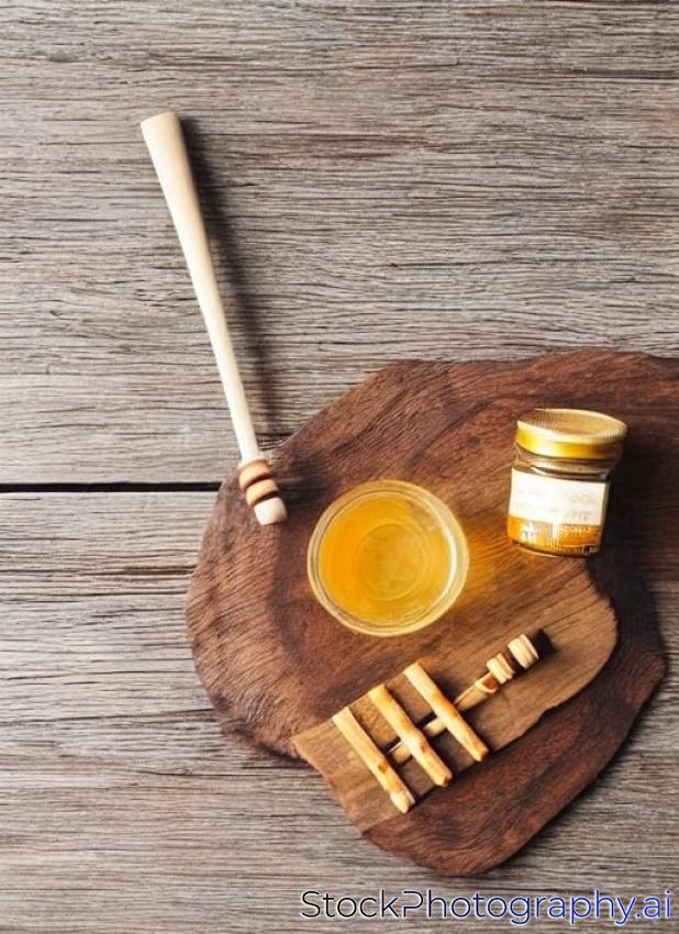 full honey pot and honey stick on rustic wooden board