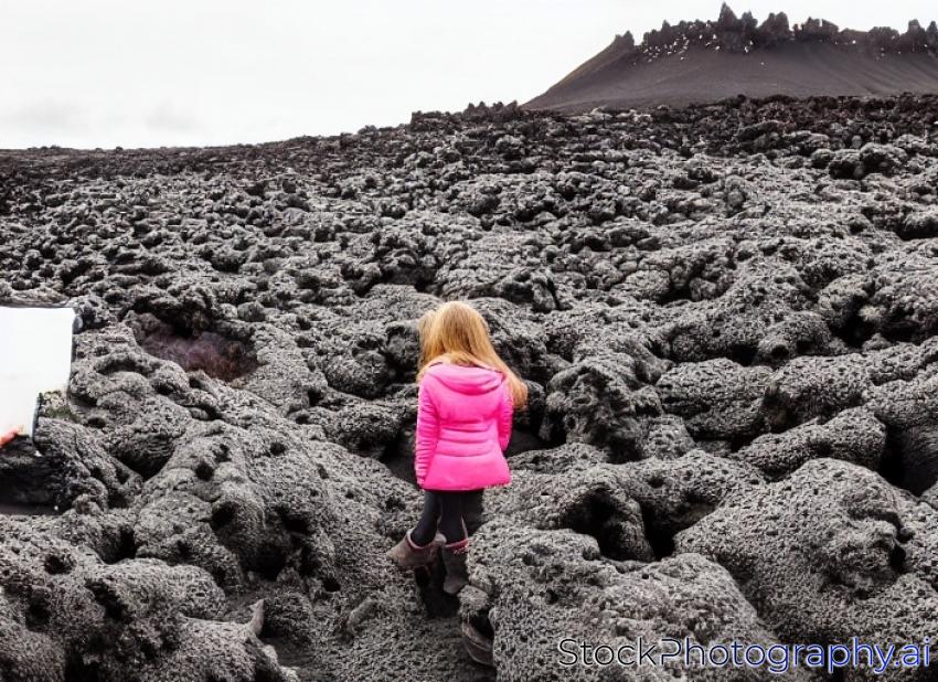 A girl snap a photo of moss covered lava rock at Eldhraun lava field, Iceland