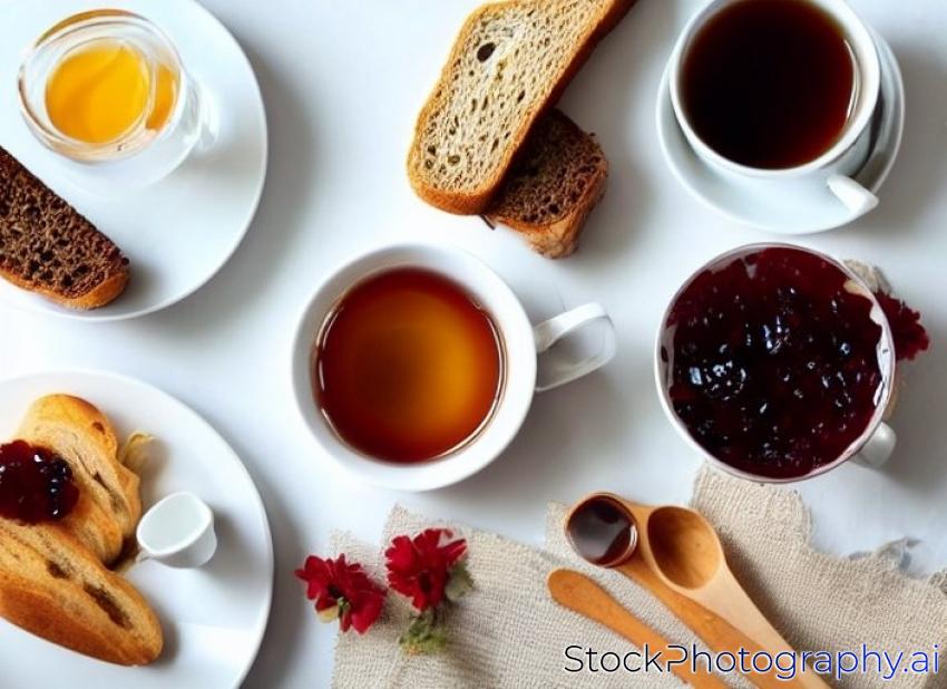 breakfast table with tea, cup of tea, flower,  jam, bread and honey