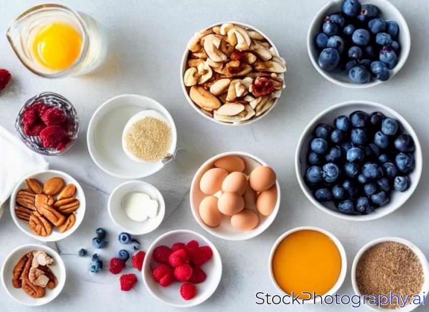Morning table with different ingredients for cooking breakfast (milk, honey, eggs, tangerines, banana, blueberry, raspberry, almonds, pecans, cashew)