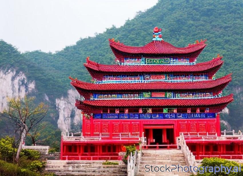 Zhoushan, China, April 1st, 2017, Chinese traditional royal style colorful Baoxiang lecture temples in the Putuoshan mountains, Zhoushan Islands,  a renowned site in Chinese bodhimanda of the Guanyin