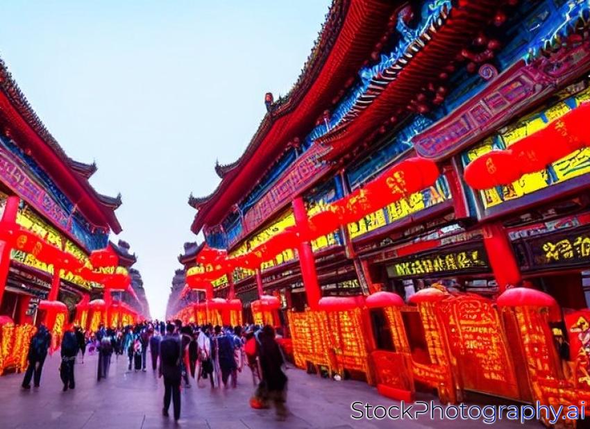 Xi'an, Shaanxi, China - 9 september 2019 : very famous tourist street near the big wild goose pagoda. Chinese night celebrations, illumination in the old capital of China. Xi'an by night