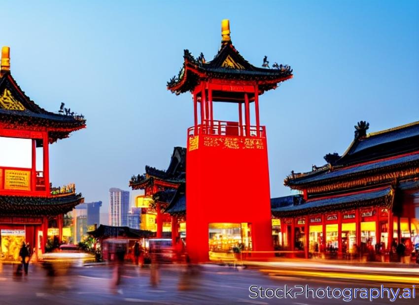 china xian in nightfall, ancient bell tower with vehicles motion blur on rush hour
