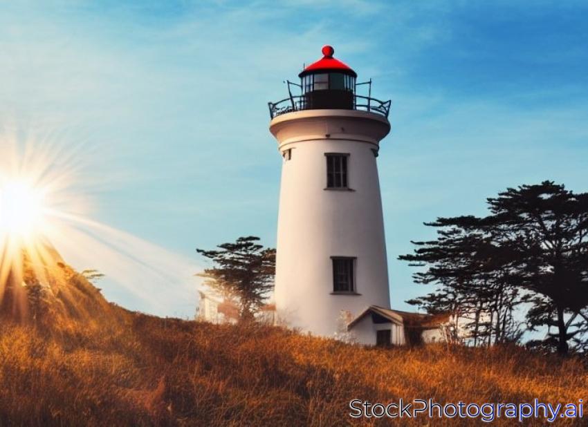 lighthouse captured with the sun behind it and beams on