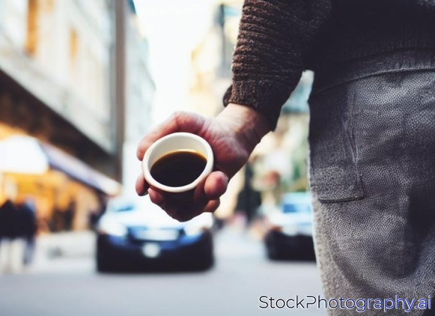 cup of coffee in hand closeup on a street background. walking around town with coffee in hand. the concept of people traveling. blurred background due to the concept