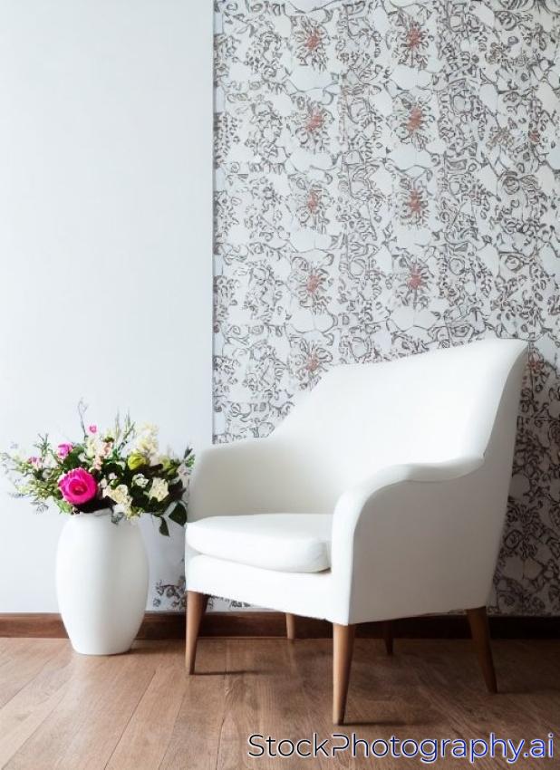 portrait of white vintage style armchair and vase of flowers on desk with white patterned wall on background