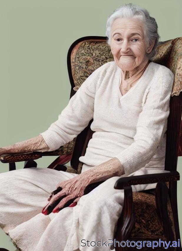 senior woman sitting in a antique chair.