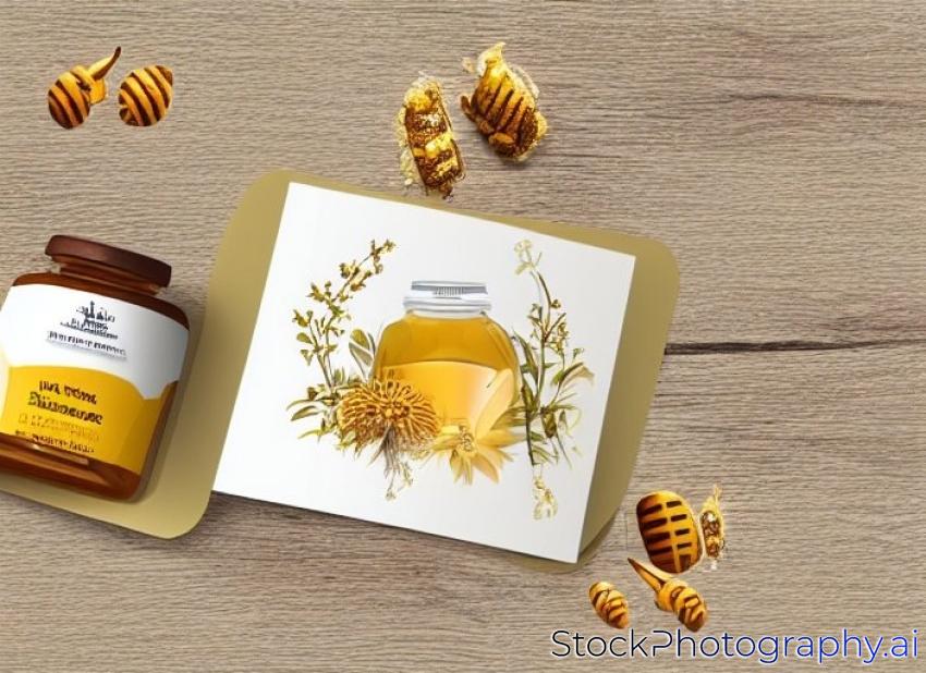 Wildflower honey product in 3d illustration with blank white label for design uses on engraved country side scenery