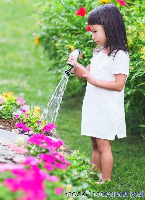 little girl watering flowers on a white background