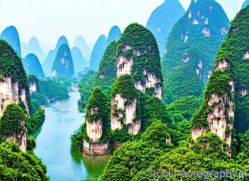 Xianggong hill landscape of Guilin, Li River and Karst mountains. Xingping, Yangshuo County, Guangxi Province, China.