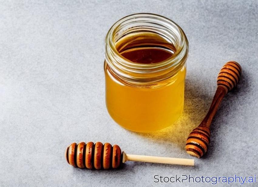glass jar with honey and with a wooden honey stick on a white background. a honey stick lies on a white table with honey dripping from it on the table. healthy eating concept. flat lay. copy space.