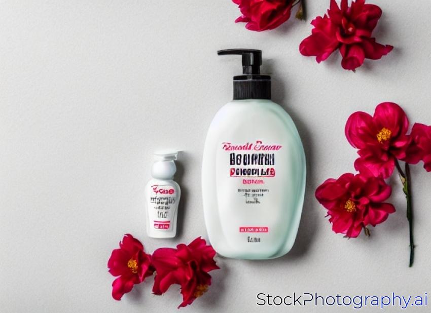 petroleum jelly bottle and shampoo or shower gel bottle on white background with jasmine flowers and red flowers. Photography Mock up for your design - vintage soft light filter