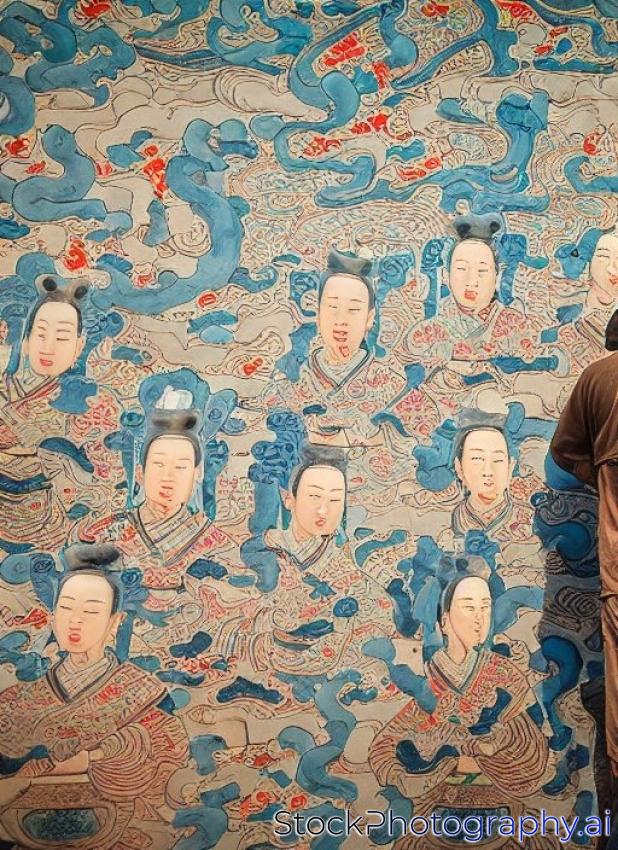 Xi'an, China - August 3, 2013: artwork of pottery figurine of dynasty tang on background of mural painting in the Shaanxi History Museum, located in the northwest city Xi'an